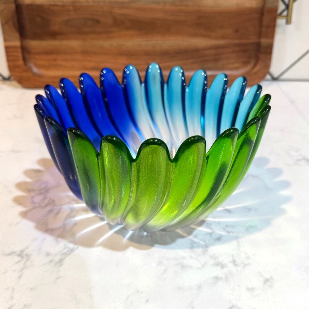 Studio Nova "Solaris" art glass petal bowl blue green ombre gradient design 80s